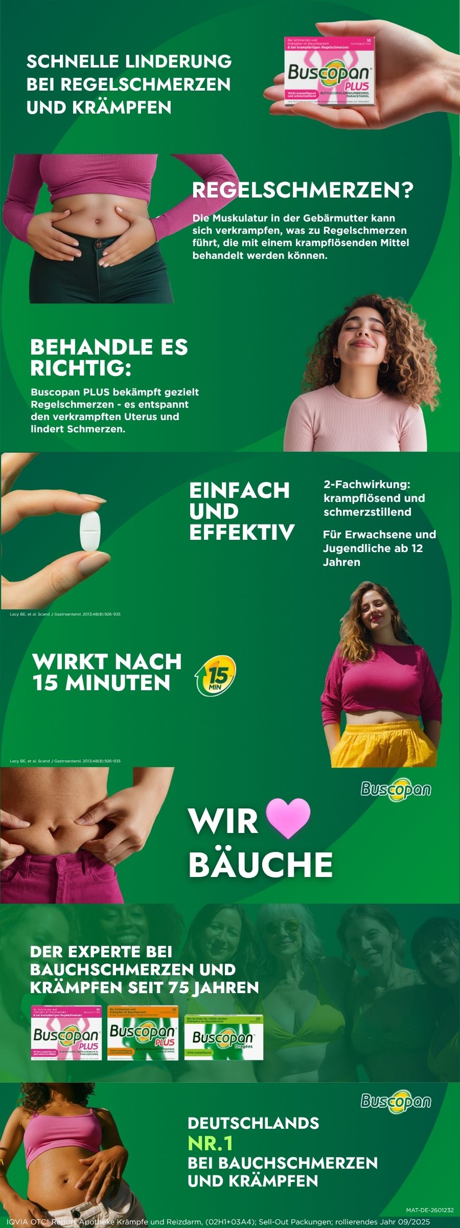 Collage mit Buscopan PLUS Packungen und Text. Text: Schnelle Linderung bei Regelschmerzen und Krämpfen. Wirkt nach 15 Minuten. Deutschlands Nr. 1.